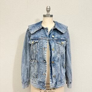 GANNI Heavy Denim Jacket Blue Crinkled Shawl Collar Grunge Trendy